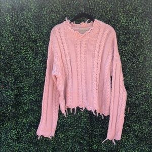 Moon River Pink Frayed Hem Cable Knit  Sweater